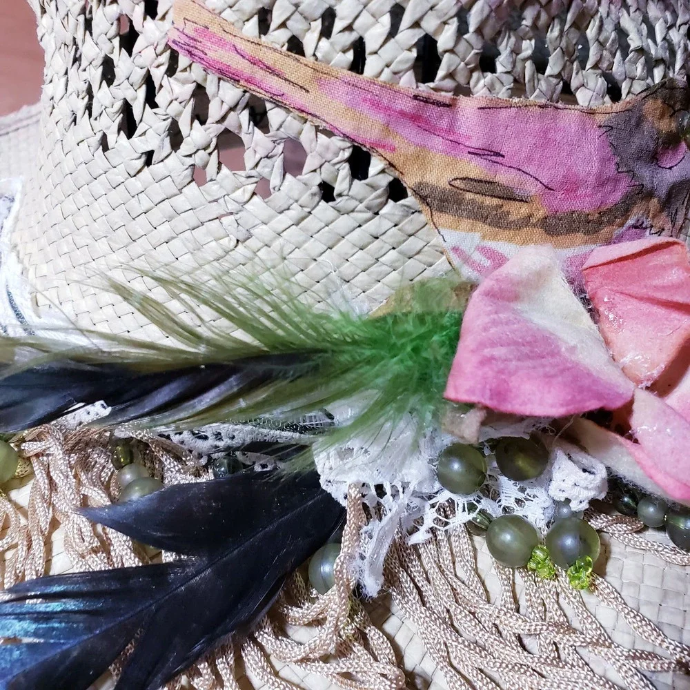Vintage Scala Straw Hat Upcycled Painted‎ beads, feathers